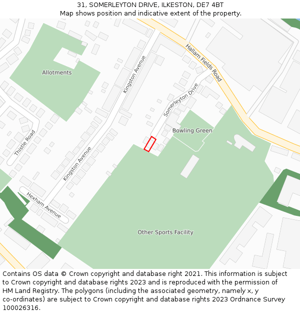31, SOMERLEYTON DRIVE, ILKESTON, DE7 4BT: Location map and indicative extent of plot