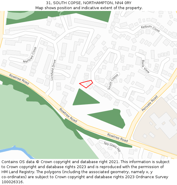 31, SOUTH COPSE, NORTHAMPTON, NN4 0RY: Location map and indicative extent of plot
