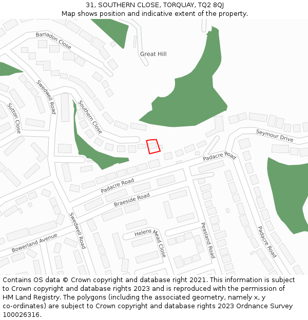 31, SOUTHERN CLOSE, TORQUAY, TQ2 8QJ: Location map and indicative extent of plot