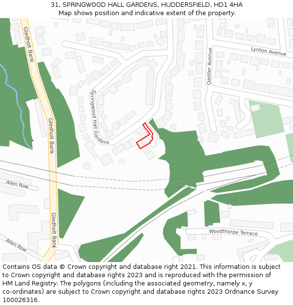 31, SPRINGWOOD HALL GARDENS, HUDDERSFIELD, HD1 4HA: Location map and indicative extent of plot