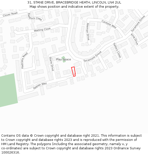 31, STANE DRIVE, BRACEBRIDGE HEATH, LINCOLN, LN4 2UL: Location map and indicative extent of plot