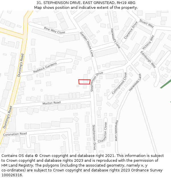 31, STEPHENSON DRIVE, EAST GRINSTEAD, RH19 4BG: Location map and indicative extent of plot