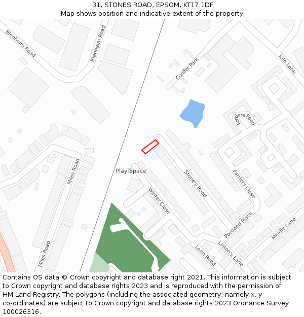 31, STONES ROAD, EPSOM, KT17 1DF: Location map and indicative extent of plot