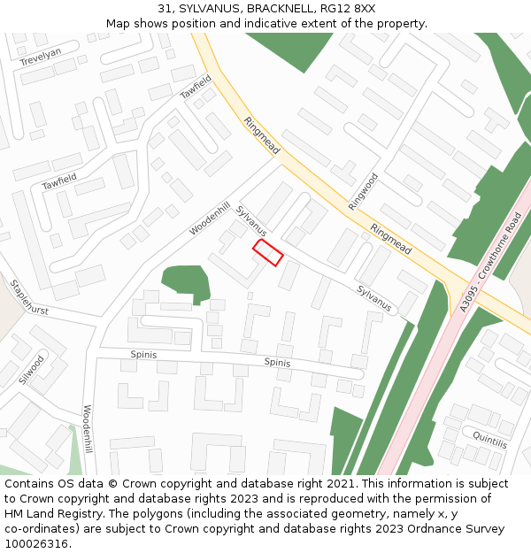 31, SYLVANUS, BRACKNELL, RG12 8XX: Location map and indicative extent of plot