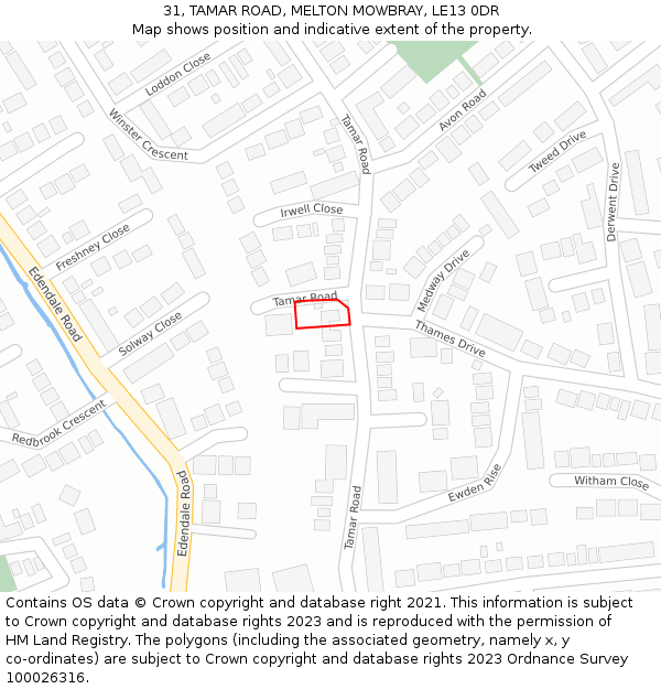 31, TAMAR ROAD, MELTON MOWBRAY, LE13 0DR: Location map and indicative extent of plot