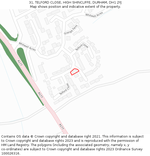 31, TELFORD CLOSE, HIGH SHINCLIFFE, DURHAM, DH1 2YJ: Location map and indicative extent of plot