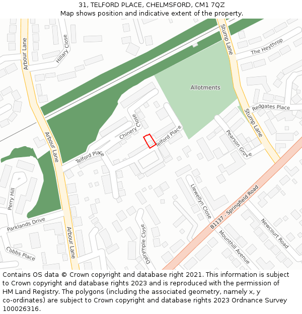 31, TELFORD PLACE, CHELMSFORD, CM1 7QZ: Location map and indicative extent of plot