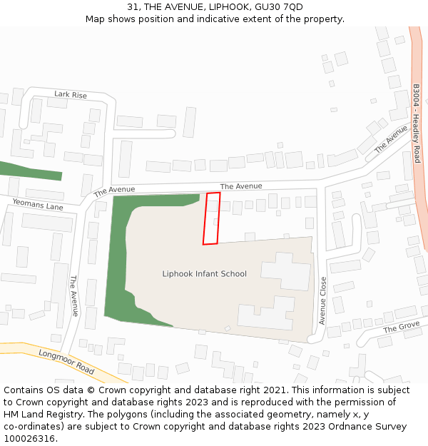 31, THE AVENUE, LIPHOOK, GU30 7QD: Location map and indicative extent of plot