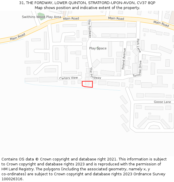 31, THE FORDWAY, LOWER QUINTON, STRATFORD-UPON-AVON, CV37 8QP: Location map and indicative extent of plot