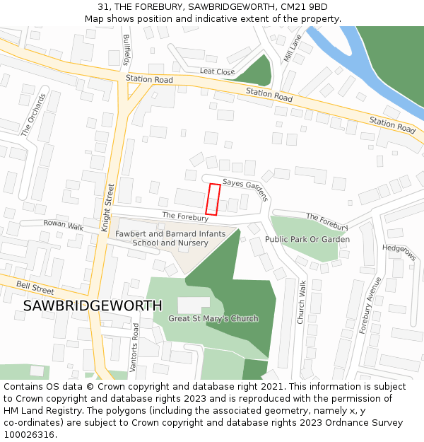 31, THE FOREBURY, SAWBRIDGEWORTH, CM21 9BD: Location map and indicative extent of plot