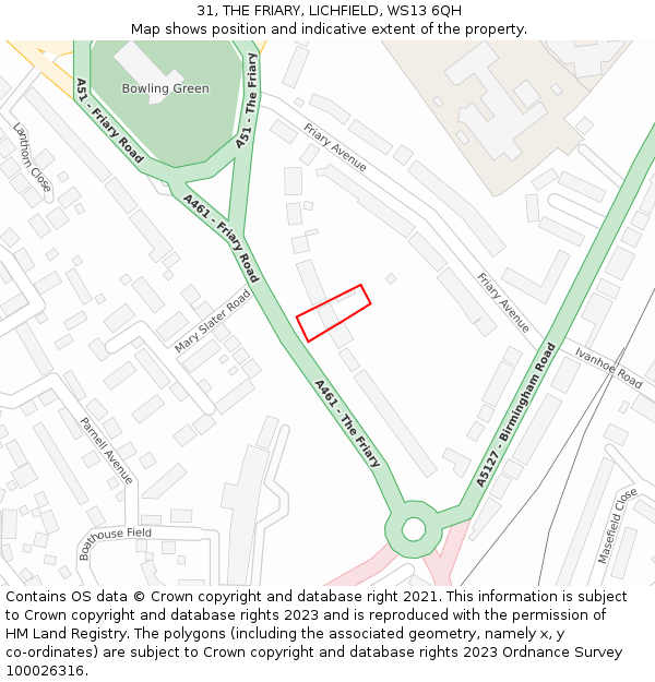 31, THE FRIARY, LICHFIELD, WS13 6QH: Location map and indicative extent of plot