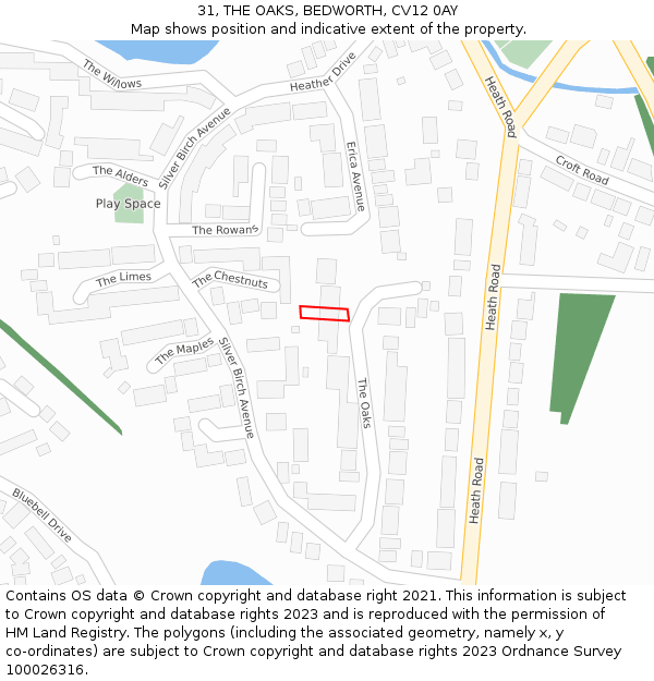 31, THE OAKS, BEDWORTH, CV12 0AY: Location map and indicative extent of plot