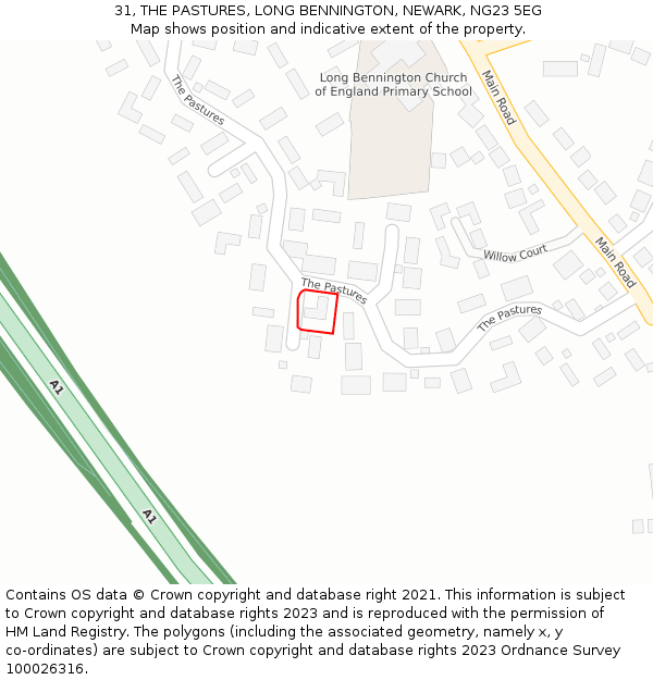 31, THE PASTURES, LONG BENNINGTON, NEWARK, NG23 5EG: Location map and indicative extent of plot