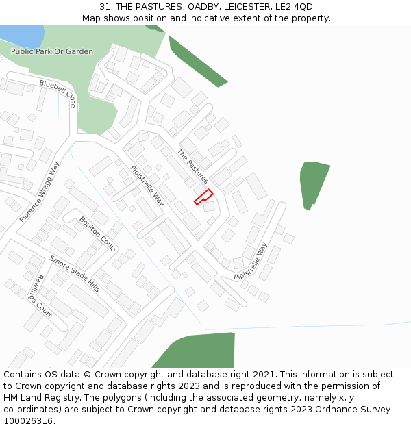 31, THE PASTURES, OADBY, LEICESTER, LE2 4QD: Location map and indicative extent of plot