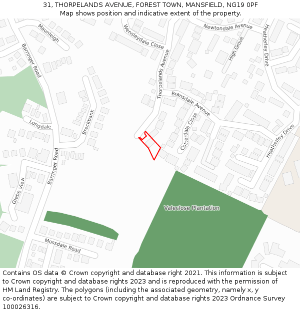31, THORPELANDS AVENUE, FOREST TOWN, MANSFIELD, NG19 0PF: Location map and indicative extent of plot