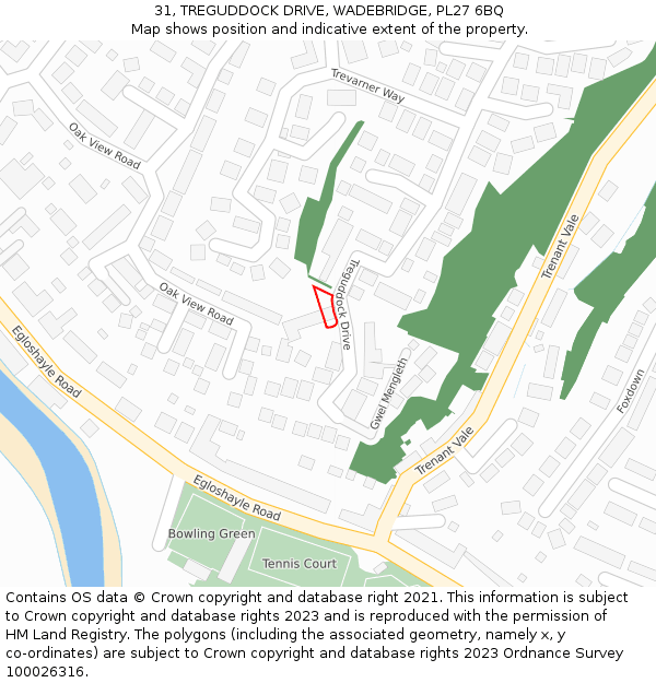 31, TREGUDDOCK DRIVE, WADEBRIDGE, PL27 6BQ: Location map and indicative extent of plot