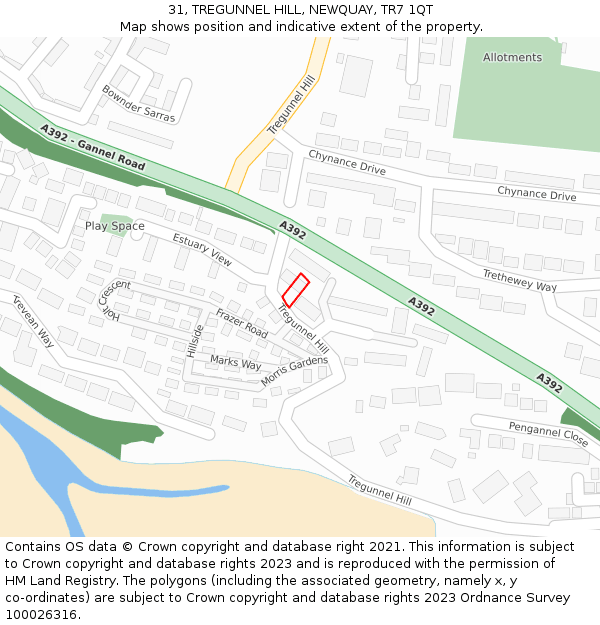 31, TREGUNNEL HILL, NEWQUAY, TR7 1QT: Location map and indicative extent of plot