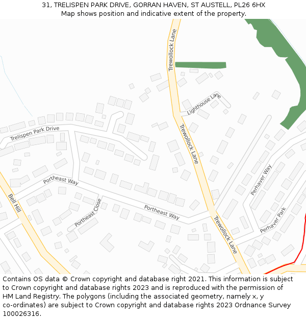 31, TRELISPEN PARK DRIVE, GORRAN HAVEN, ST AUSTELL, PL26 6HX: Location map and indicative extent of plot