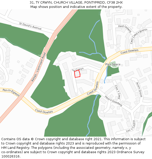 31, TY CRWYN, CHURCH VILLAGE, PONTYPRIDD, CF38 2HX: Location map and indicative extent of plot