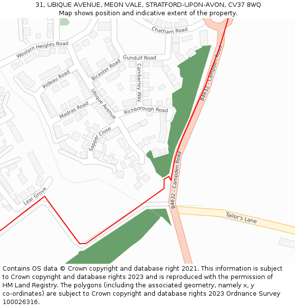 31, UBIQUE AVENUE, MEON VALE, STRATFORD-UPON-AVON, CV37 8WQ: Location map and indicative extent of plot