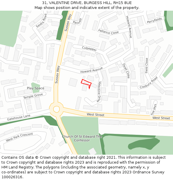 31, VALENTINE DRIVE, BURGESS HILL, RH15 8UE: Location map and indicative extent of plot