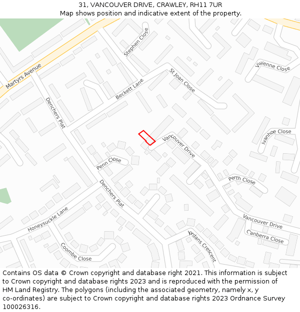 31, VANCOUVER DRIVE, CRAWLEY, RH11 7UR: Location map and indicative extent of plot