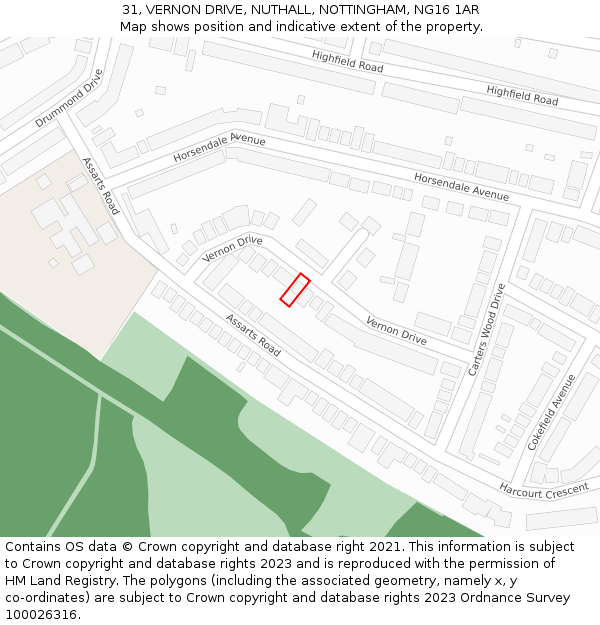 31, VERNON DRIVE, NUTHALL, NOTTINGHAM, NG16 1AR: Location map and indicative extent of plot