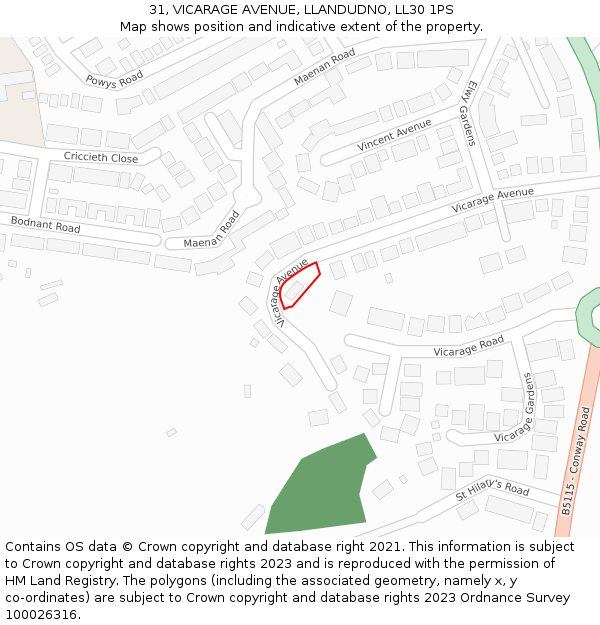 31, VICARAGE AVENUE, LLANDUDNO, LL30 1PS: Location map and indicative extent of plot