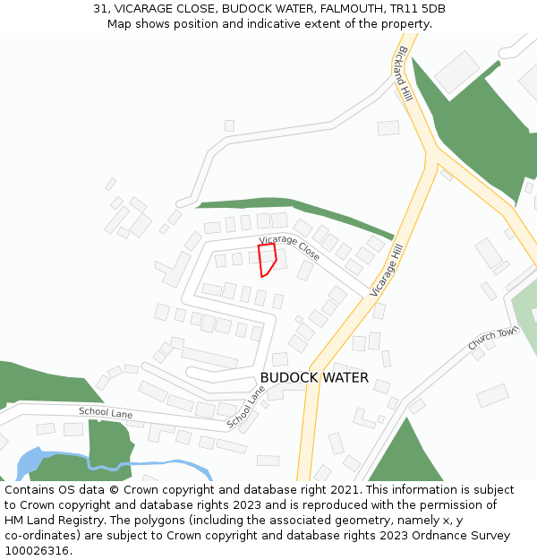 31, VICARAGE CLOSE, BUDOCK WATER, FALMOUTH, TR11 5DB: Location map and indicative extent of plot