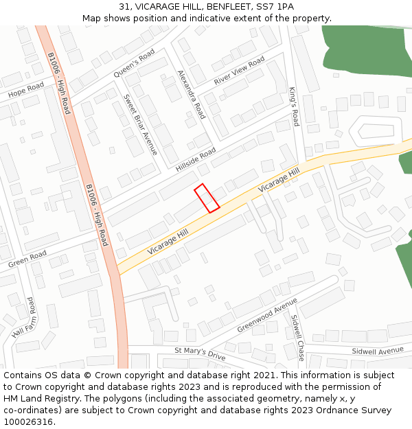 31, VICARAGE HILL, BENFLEET, SS7 1PA: Location map and indicative extent of plot