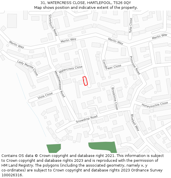 31, WATERCRESS CLOSE, HARTLEPOOL, TS26 0QY: Location map and indicative extent of plot