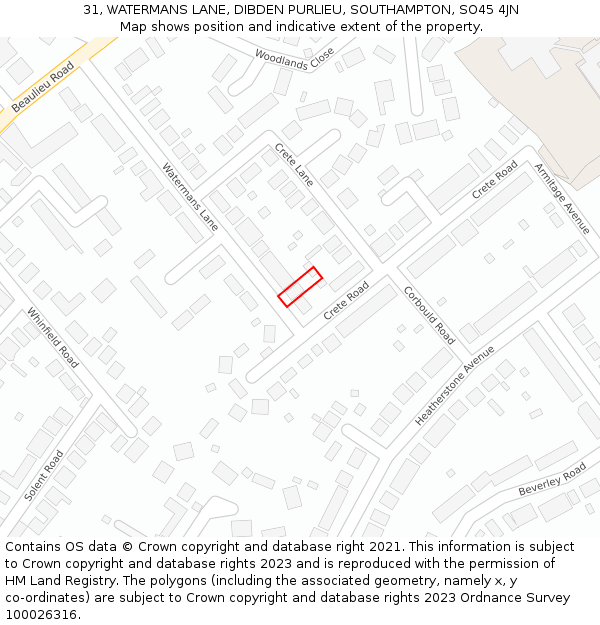 31, WATERMANS LANE, DIBDEN PURLIEU, SOUTHAMPTON, SO45 4JN: Location map and indicative extent of plot