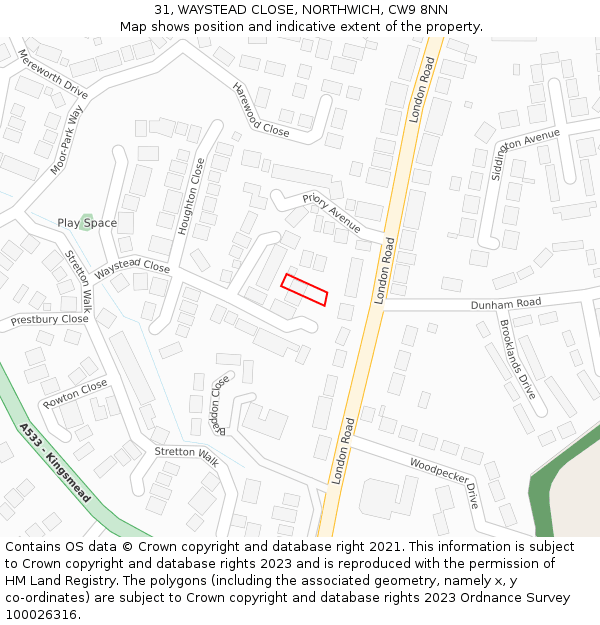 31, WAYSTEAD CLOSE, NORTHWICH, CW9 8NN: Location map and indicative extent of plot