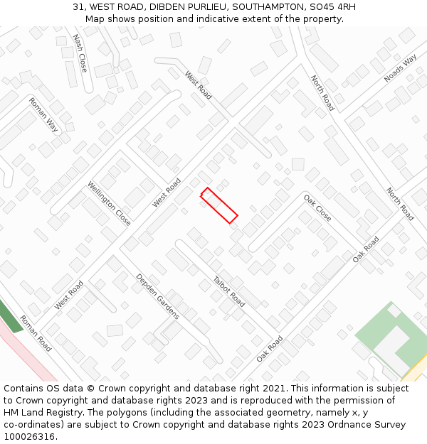 31, WEST ROAD, DIBDEN PURLIEU, SOUTHAMPTON, SO45 4RH: Location map and indicative extent of plot