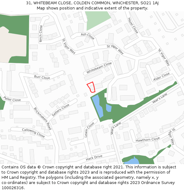 31, WHITEBEAM CLOSE, COLDEN COMMON, WINCHESTER, SO21 1AJ: Location map and indicative extent of plot