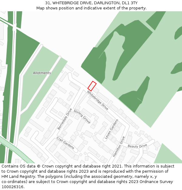 31, WHITEBRIDGE DRIVE, DARLINGTON, DL1 3TY: Location map and indicative extent of plot