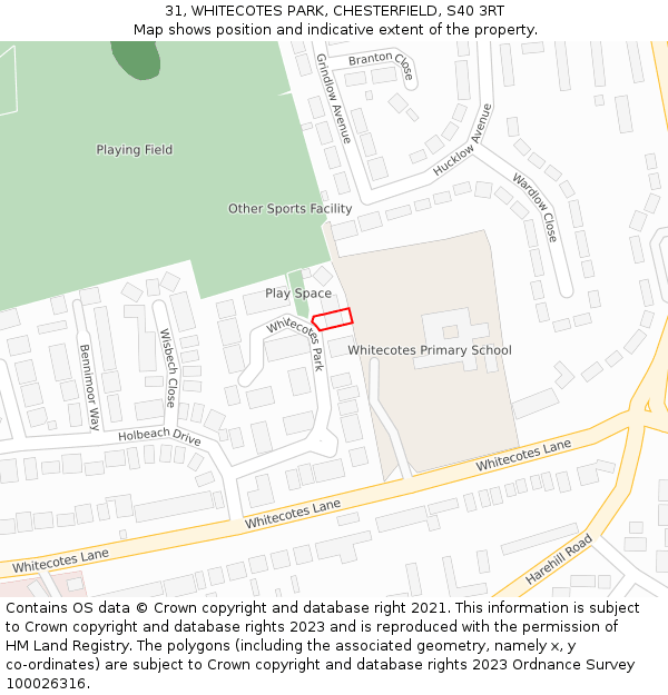 31, WHITECOTES PARK, CHESTERFIELD, S40 3RT: Location map and indicative extent of plot