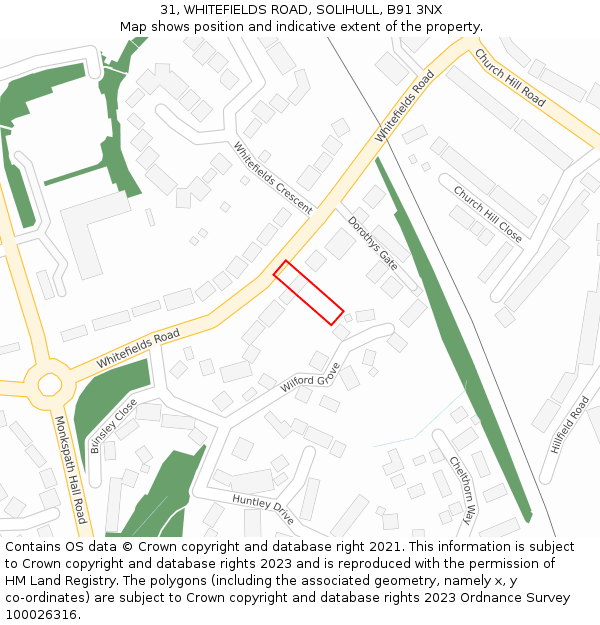 31, WHITEFIELDS ROAD, SOLIHULL, B91 3NX: Location map and indicative extent of plot