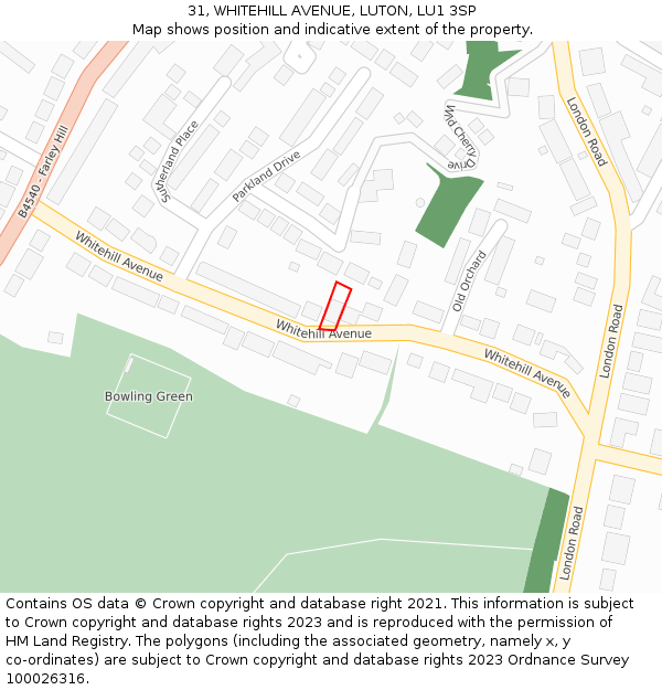 31, WHITEHILL AVENUE, LUTON, LU1 3SP: Location map and indicative extent of plot