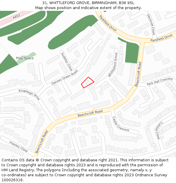 31, WHITTLEFORD GROVE, BIRMINGHAM, B36 9SL: Location map and indicative extent of plot