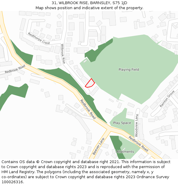 31, WILBROOK RISE, BARNSLEY, S75 1JD: Location map and indicative extent of plot