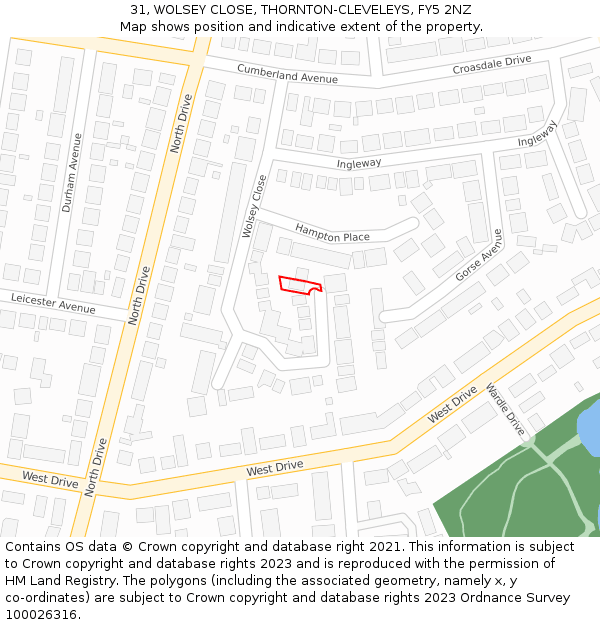 31, WOLSEY CLOSE, THORNTON-CLEVELEYS, FY5 2NZ: Location map and indicative extent of plot