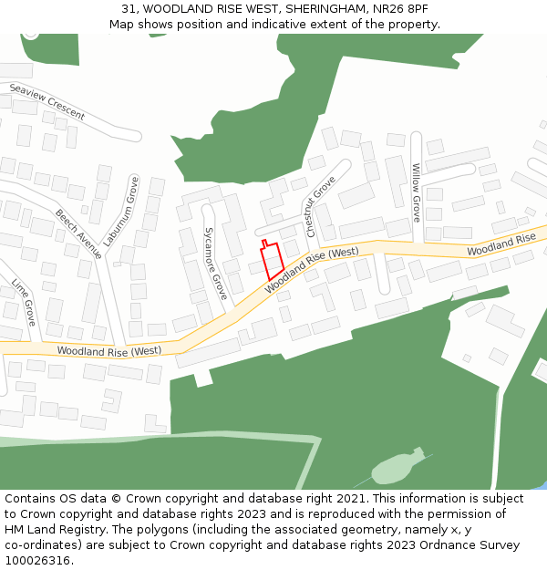 31, WOODLAND RISE WEST, SHERINGHAM, NR26 8PF: Location map and indicative extent of plot