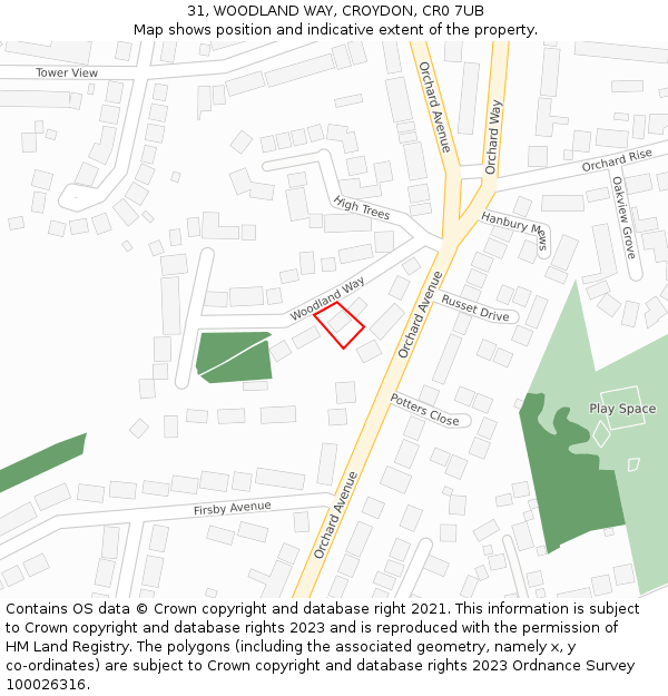 31, WOODLAND WAY, CROYDON, CR0 7UB: Location map and indicative extent of plot
