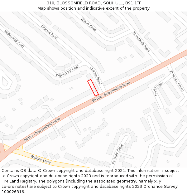 310, BLOSSOMFIELD ROAD, SOLIHULL, B91 1TF: Location map and indicative extent of plot