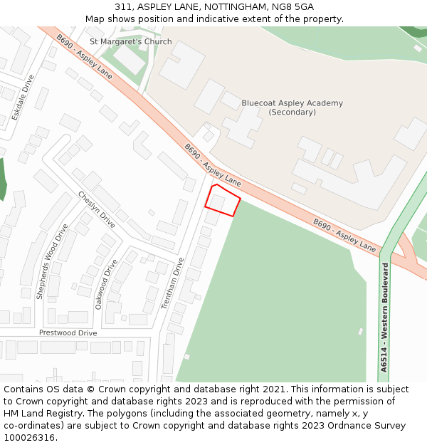 311, ASPLEY LANE, NOTTINGHAM, NG8 5GA: Location map and indicative extent of plot