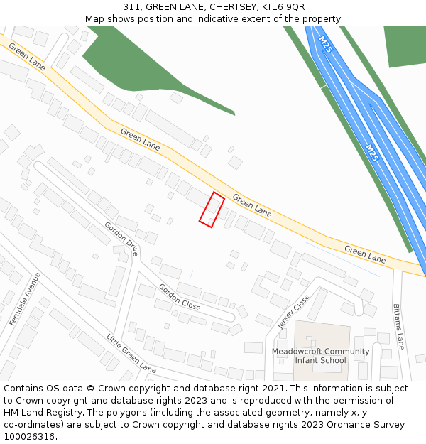 311, GREEN LANE, CHERTSEY, KT16 9QR: Location map and indicative extent of plot