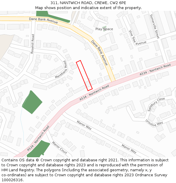 311, NANTWICH ROAD, CREWE, CW2 6PE: Location map and indicative extent of plot