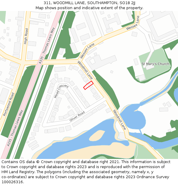 311, WOODMILL LANE, SOUTHAMPTON, SO18 2JJ: Location map and indicative extent of plot