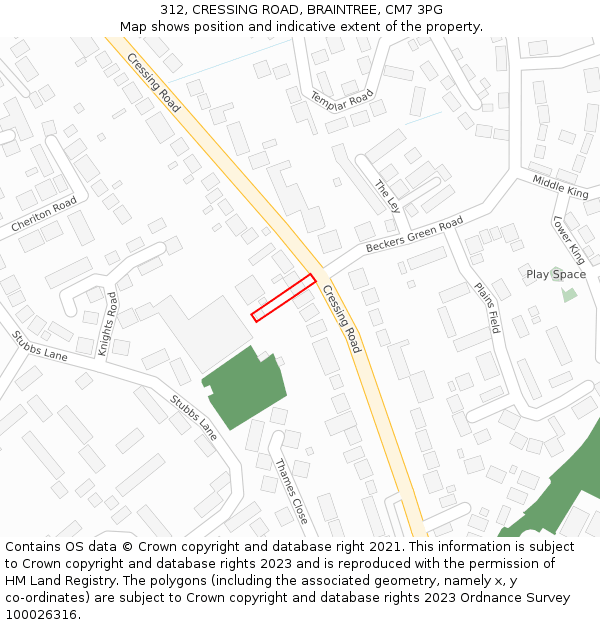 312, CRESSING ROAD, BRAINTREE, CM7 3PG: Location map and indicative extent of plot